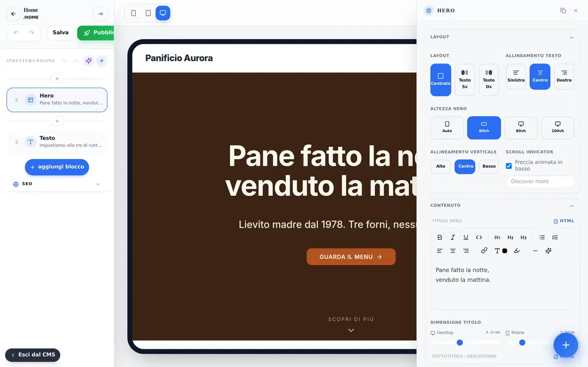 L'editor di Rodion: struttura a sinistra, anteprima al centro, pannello del blocco a destra
